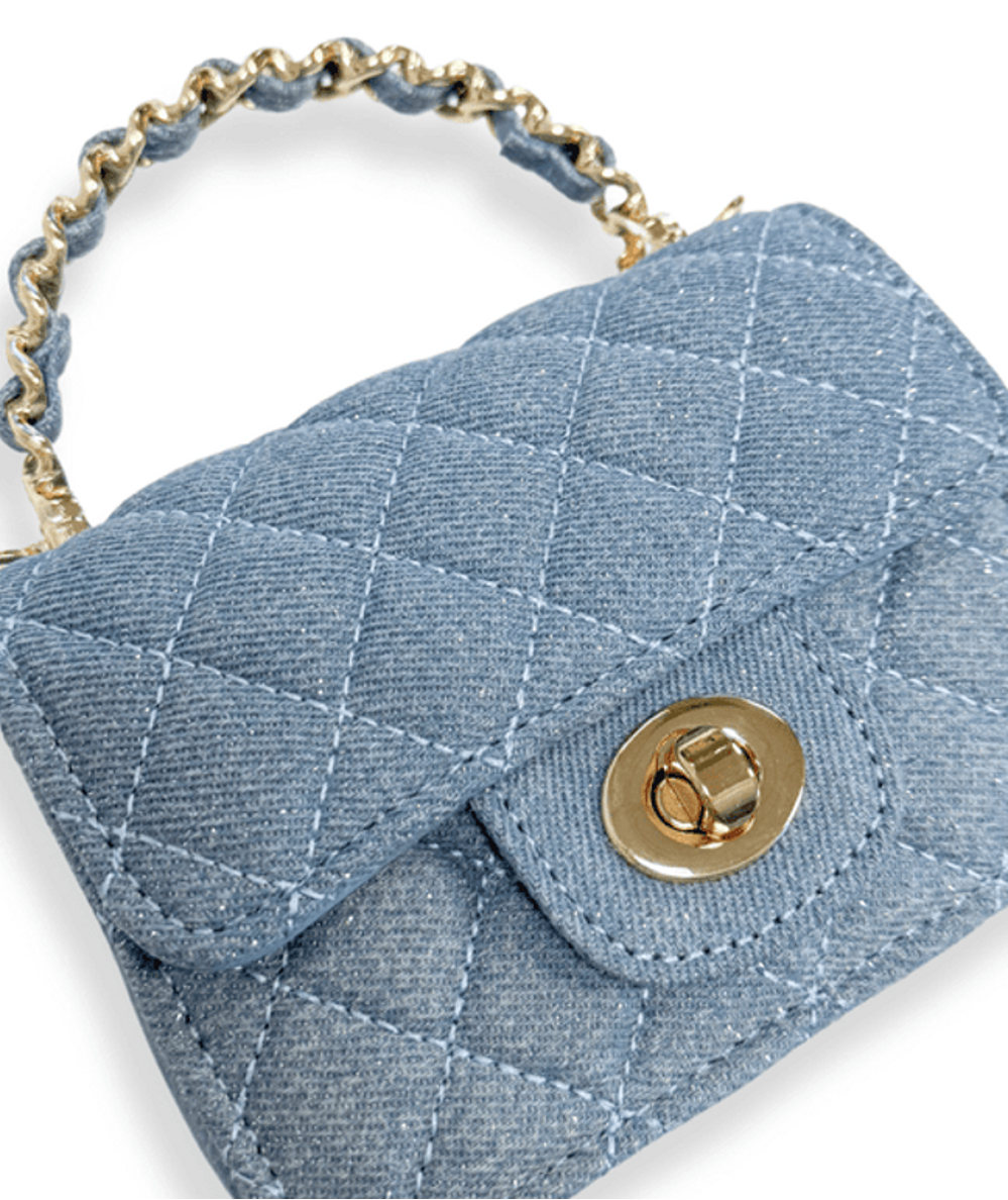 Doe A Dear Sparkly Denim Quilted Purse featuring top handle - CAKEWISH.