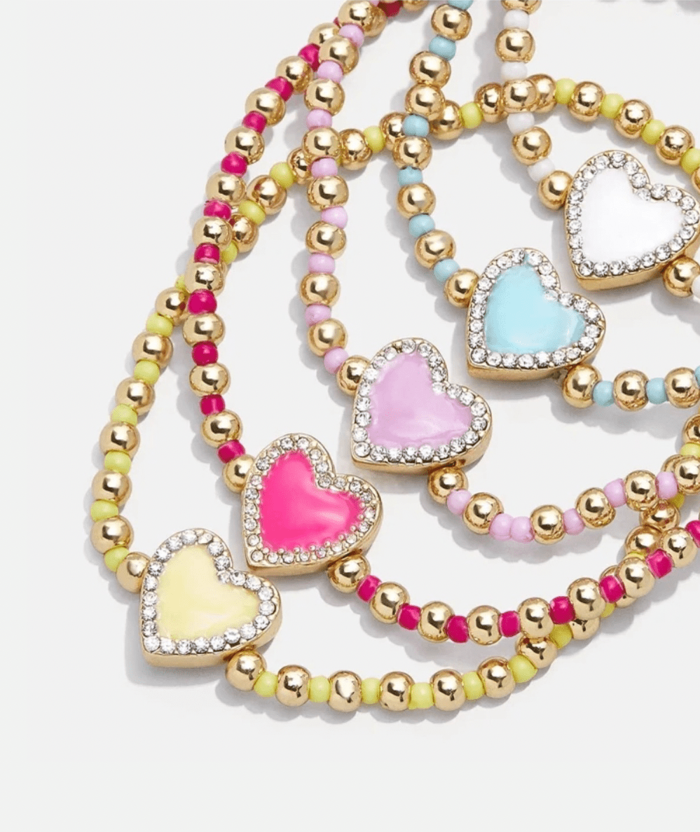 BaubleBar Sweetheart Kids' Pisa Bracelet Set of gold beaded bracelets with pastel pavé hearts.