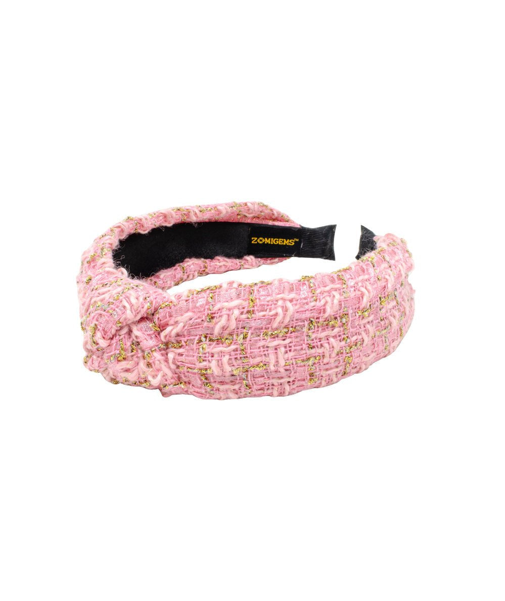 Pink tweed knotted headband with gold metallic threads by Zomi Gems - CAKEWISH.
