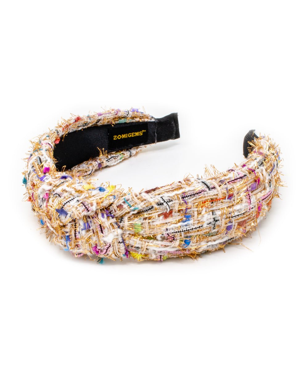 White Mix tweed knotted headband in cream with rainbow flecks by Zomi Gems - CAKEWISH.