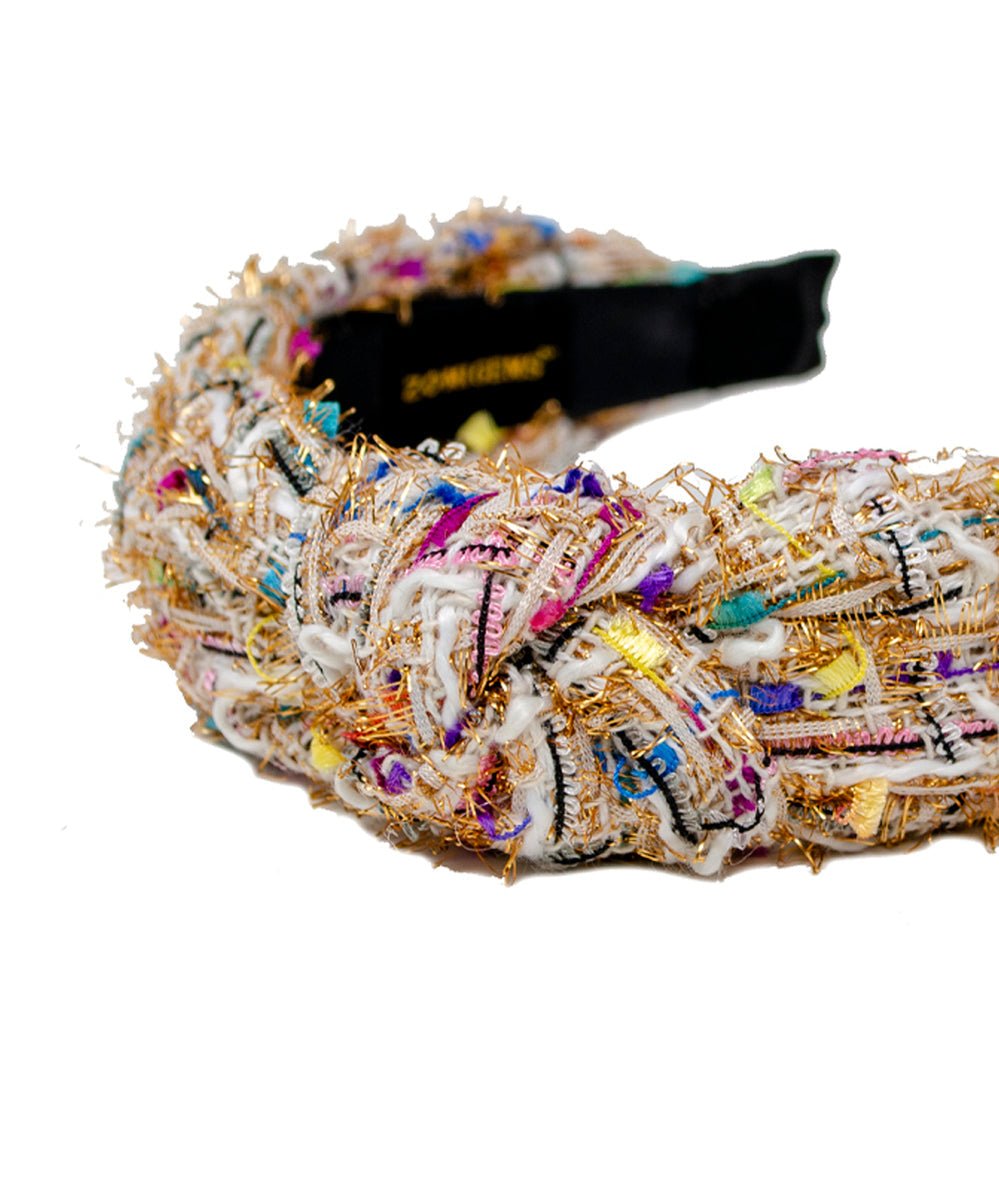 Close-up of the White Mix tweed knot headband texture with confetti colors by Zomi Gems - CAKEWISH.