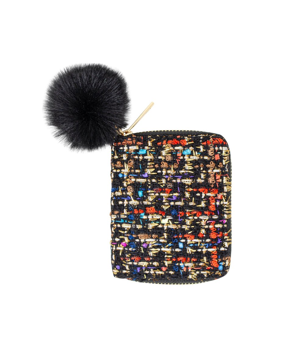Black Mix Tweed Wallet with Pom Pom by Zomi Gems - CAKEWISH