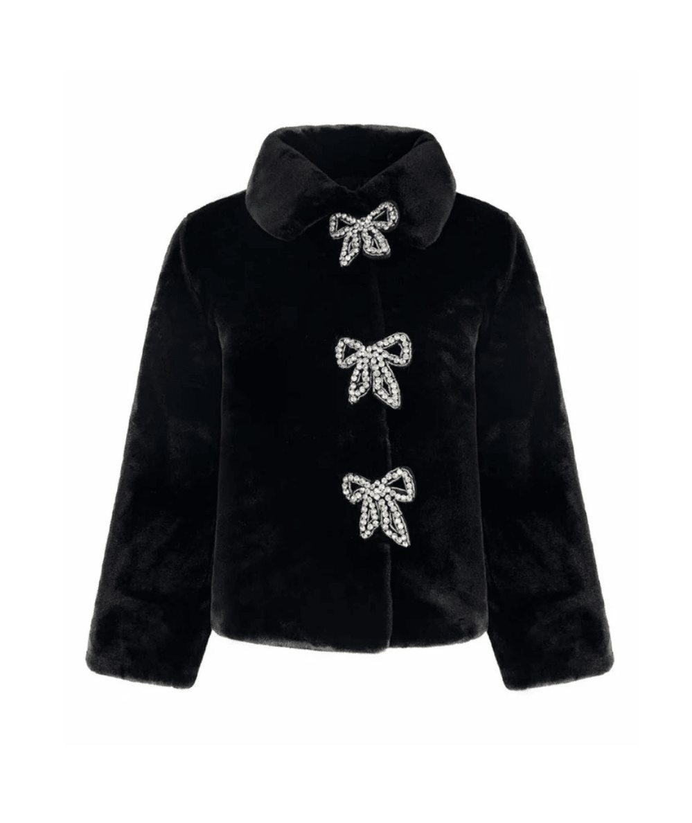 Lola & the Boys Black Tween Audrey Faux Fur Coat with Rhinestone Bows - CAKEWISH