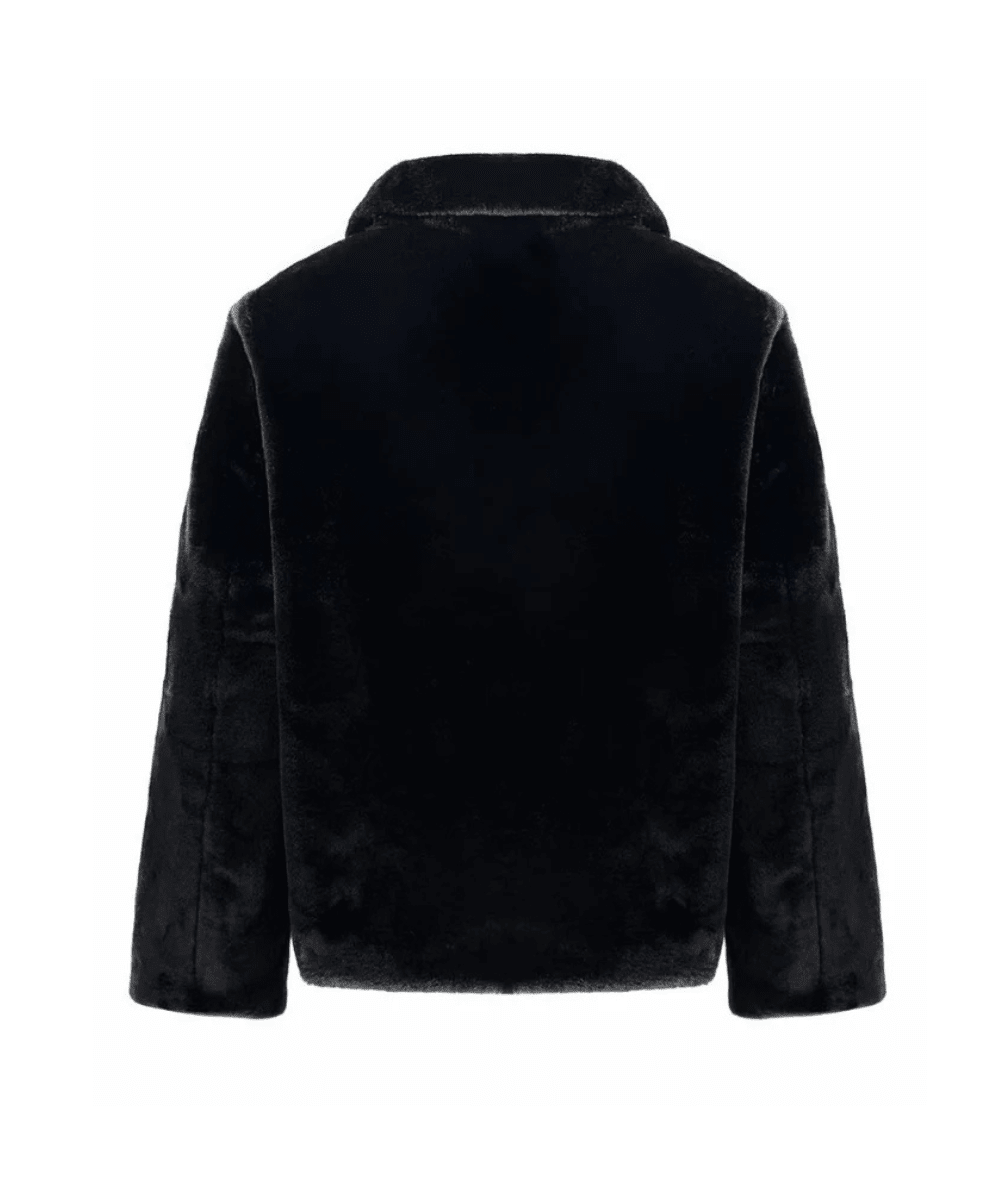Back view of the Lola & the Boys Black Tween Audrey Faux Fur Coat with Rhinestone Bows - CAKEWISH