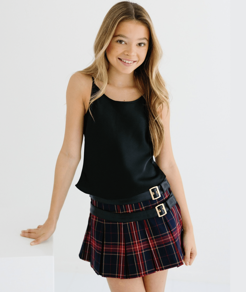 KatieJ NYC Tween Axel Plaid Skirt in Navy Berry Plaid featuring pleated mini skirt silhouette - CAKEWISH.
