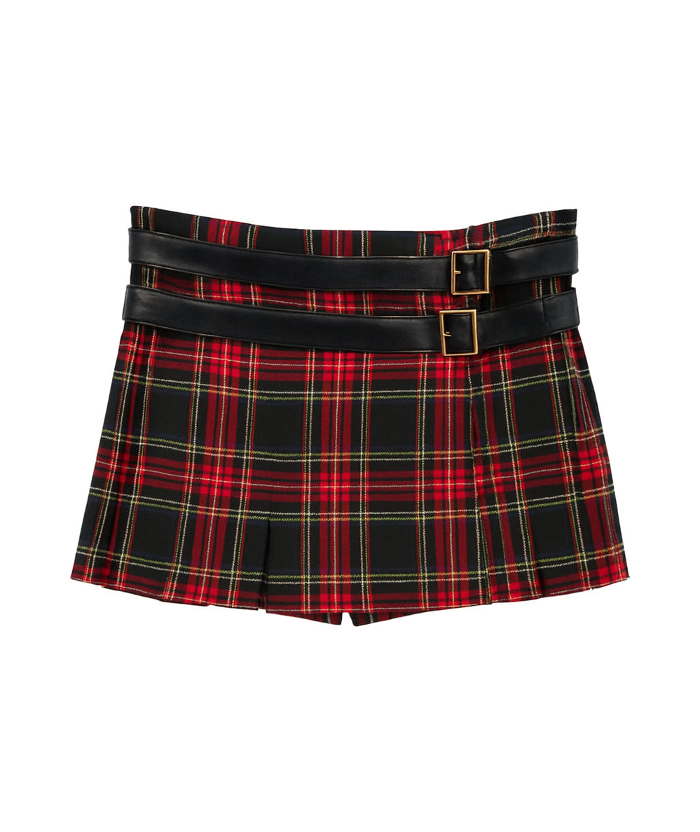 Tween Axel Plaid Skirt in Red Tartan by KatieJ NYC, a pleated mini with double faux-leather buckle belts - CAKEWISH.