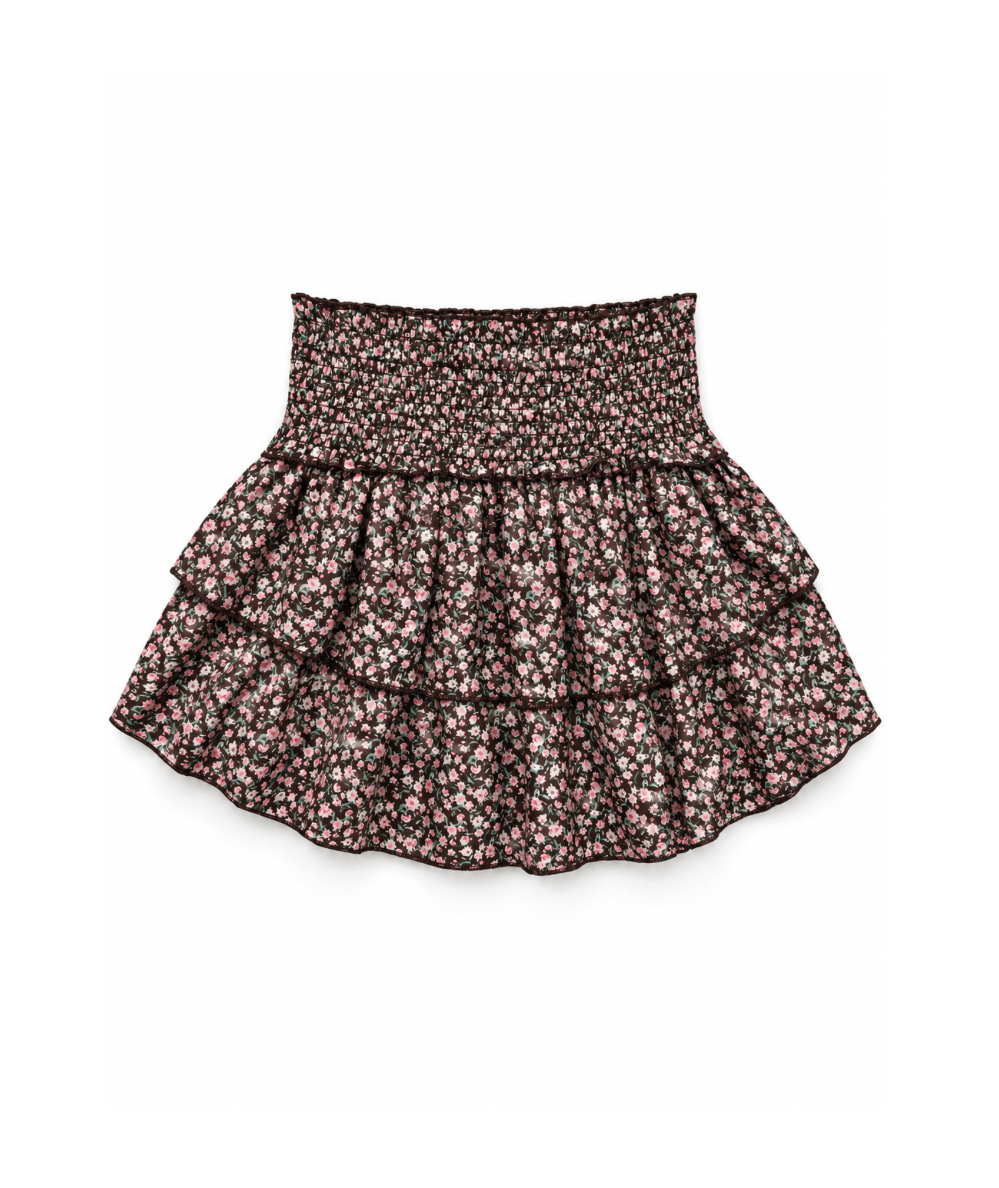 KatieJ NYC Tween Bianca Floral Tiered Satin Skirt in Espresso Floral - CAKEWISH