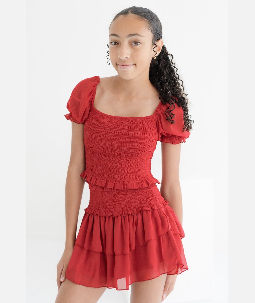 Red Silky Georgette Tween Bianca Tiered Ruffle Skirt by KatieJ NYC - CAKEWISH