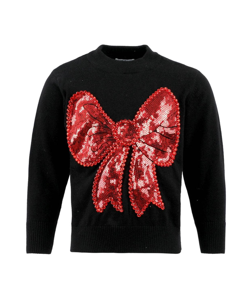 Black crewneck sweater with a large red sequin bow, shown flat by Lola and the Boys - CAKEWISH.