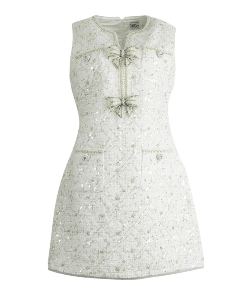 Lola & the Boys Tween Blair Sequin Tweed Bow Dress in Ivory - CAKEWISH