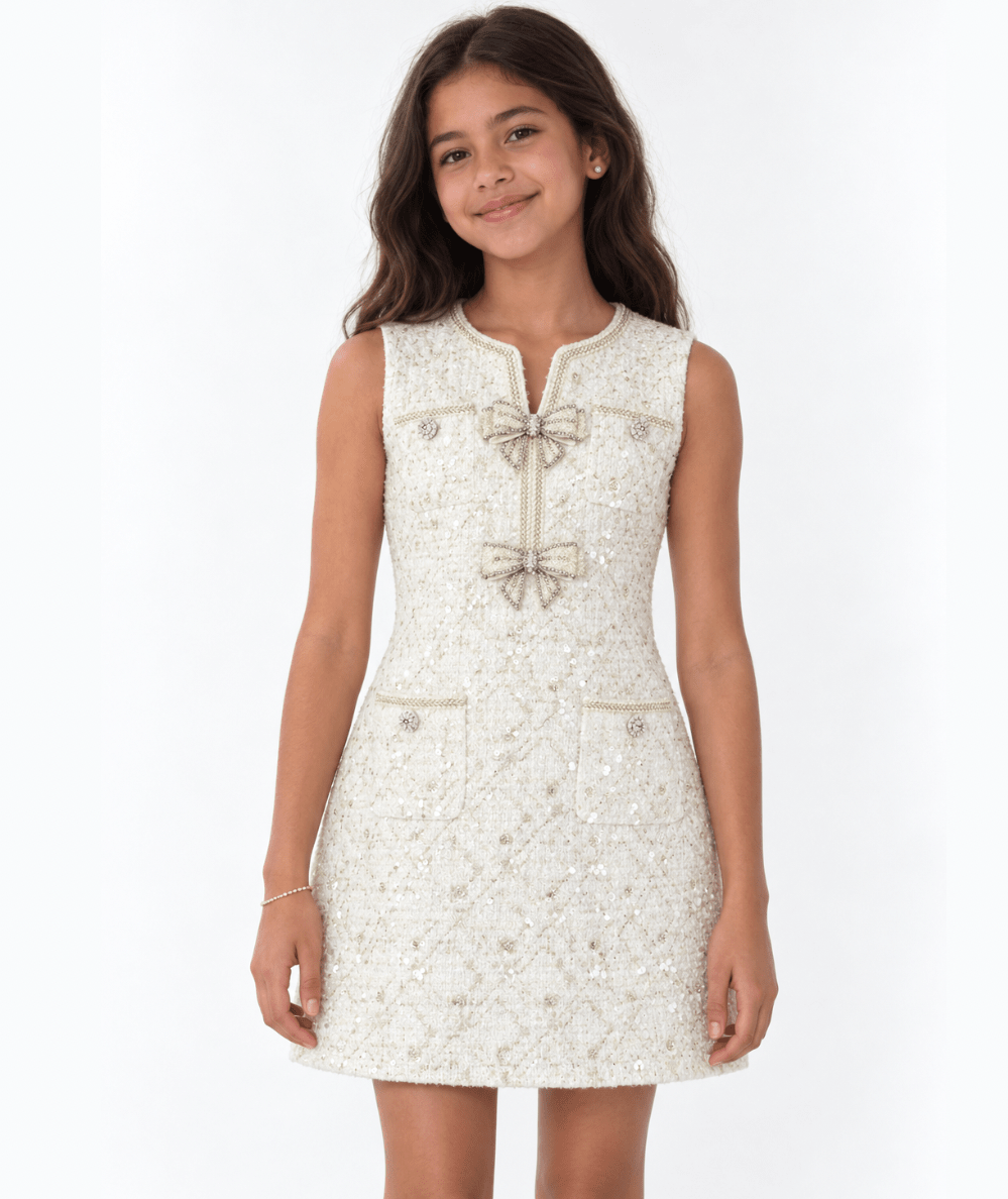 Model wearing the Lola & the Boys Tween Blair Sequin Tweed Bow Dress in Ivory - CAKEWISH