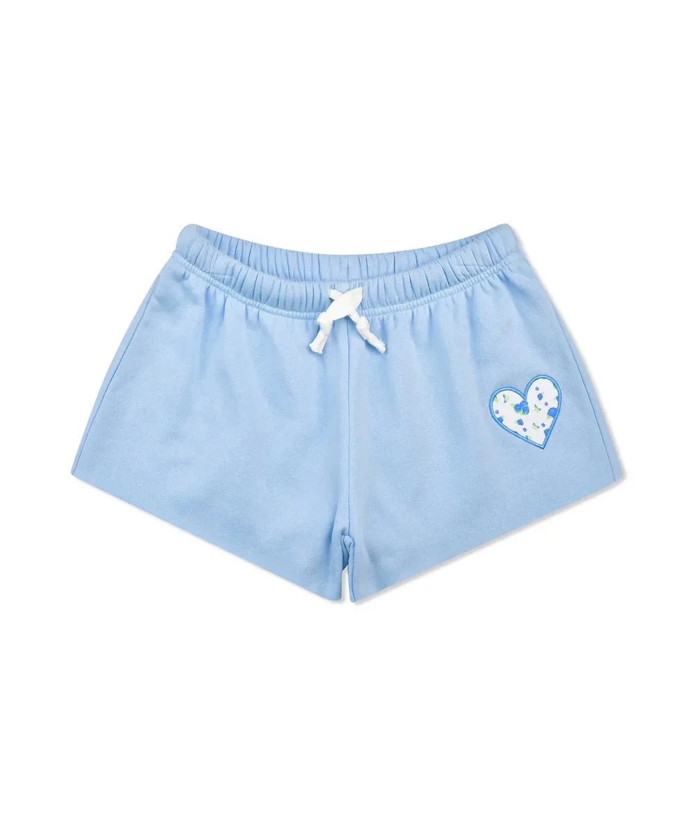Tween Blue Floral Sweat Shorts with Heart by Iscream with soft, cozy fleece - CAKEWISH.