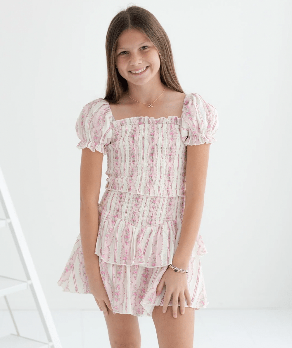 Tween Brooke Smocked Waist Floral Skirt - CAKEWISH