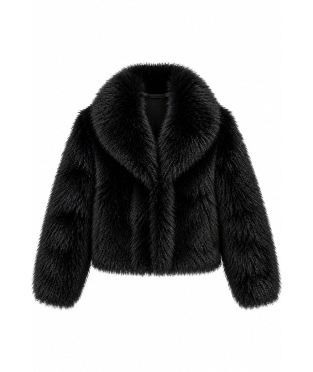 KatieJ NYC Tween Calvin Reversible Faux Fur Jacket in Black, shown fur side out with a wide shawl collar - CAKEWISH.