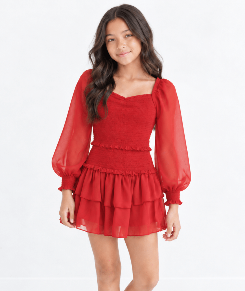 Red Tween Chloe Sheer Long Sleeve Top by KatieJ NYC - CAKEWISH