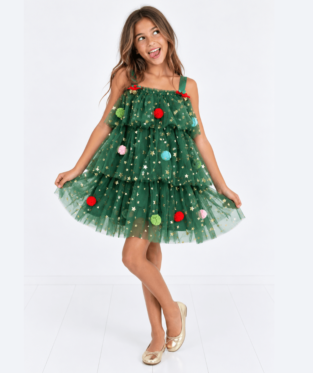 Tween Christmas Starry Tulle Dress in Green - CAKEWISH