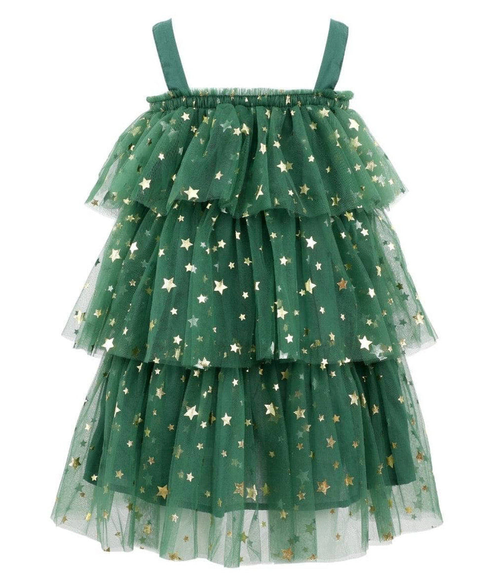 Back view of the green starry tulle dress with tie straps by Lola and the Boys - CAKEWISH.