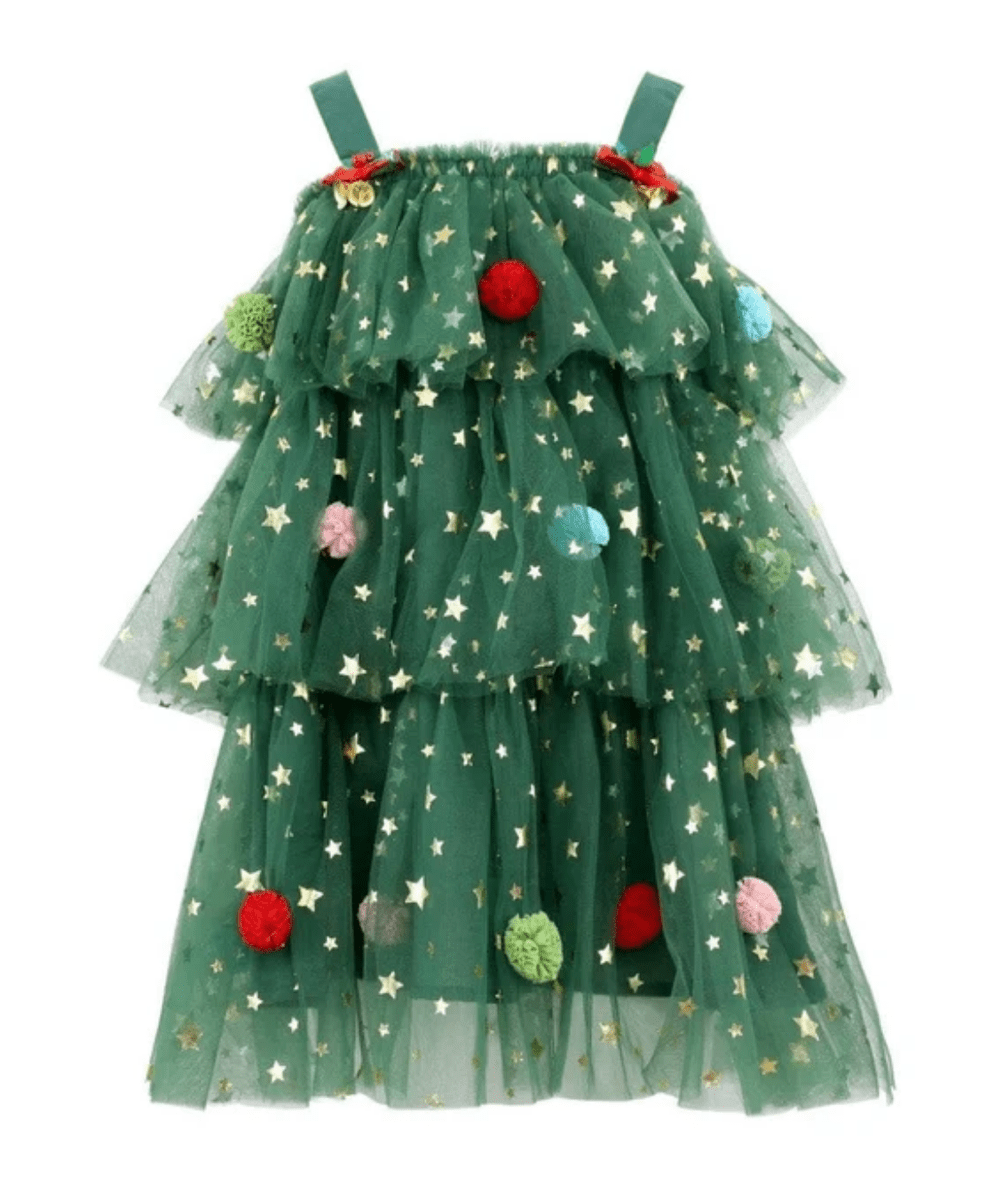 Tween Christmas Starry Tulle Dress in Green - CAKEWISH