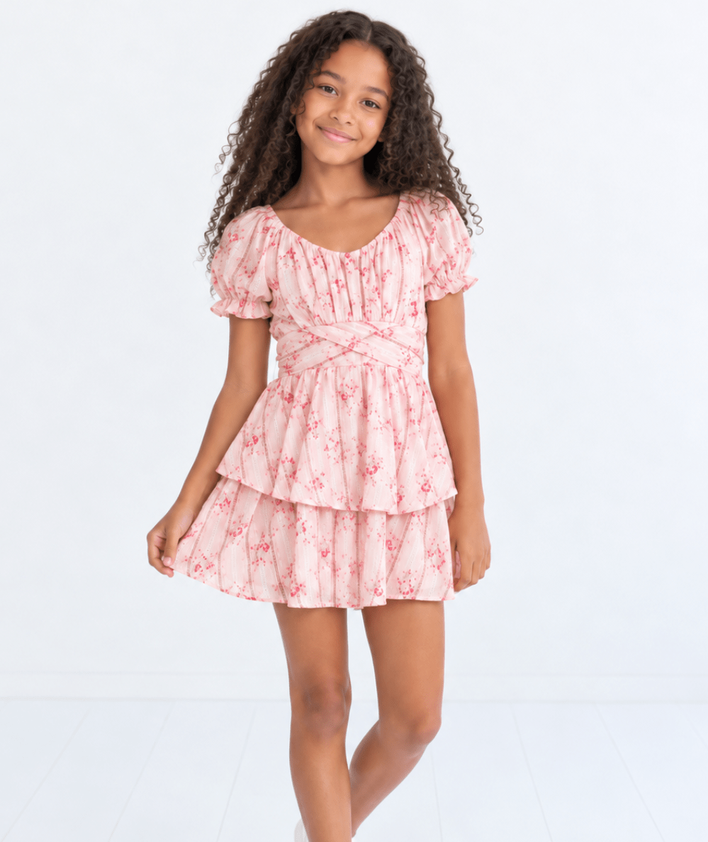 Tween girl in the rose floral stripe Delilah dress with puff sleeves, criss-cross waist tie and double layer skirt by KatieJ NYC - CAKEWISH.