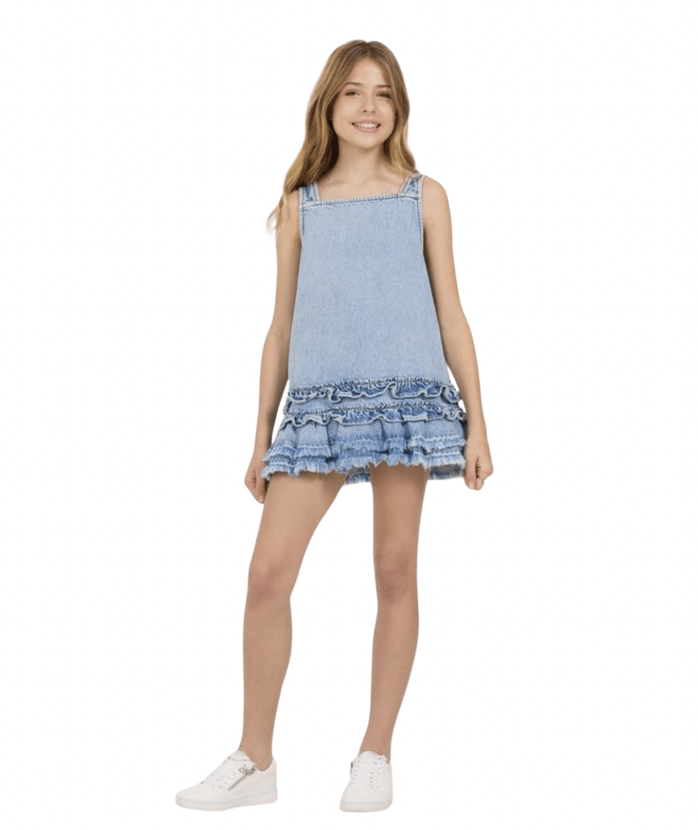 Tween Denim Ruffle Tiered Dress - CAKEWISH