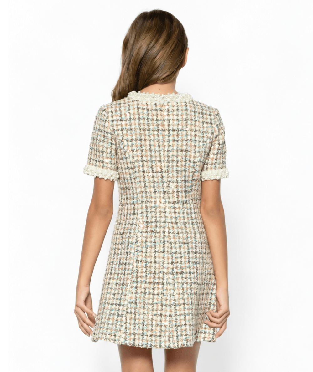 Back view of the KatieJ NYC Tween Emmy Lou Cap Sleeve Sequin Bouclé Dress with Pearl Trim - CAKEWISH