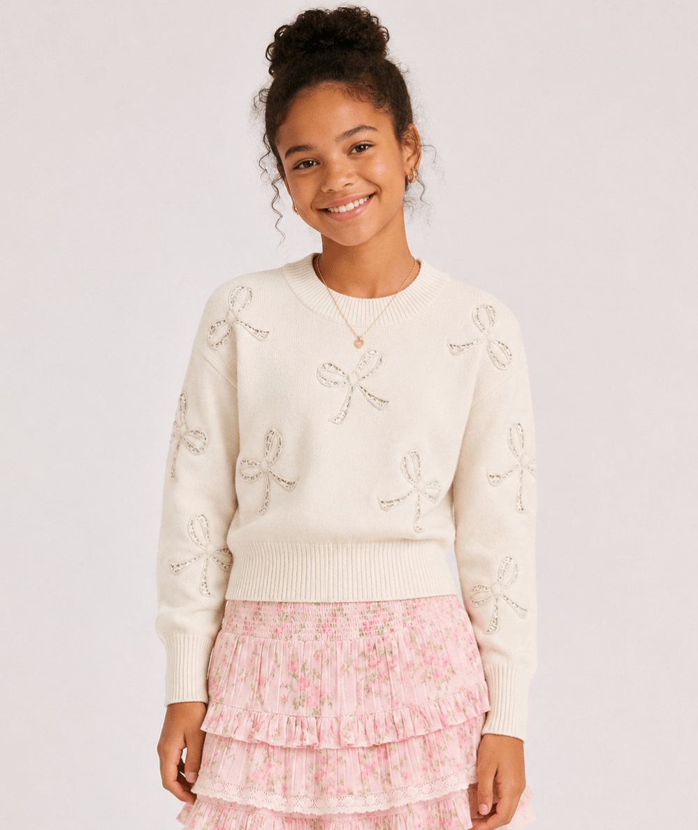 Tween Erin Lace Bow Appliqué Sweater - CAKEWISH