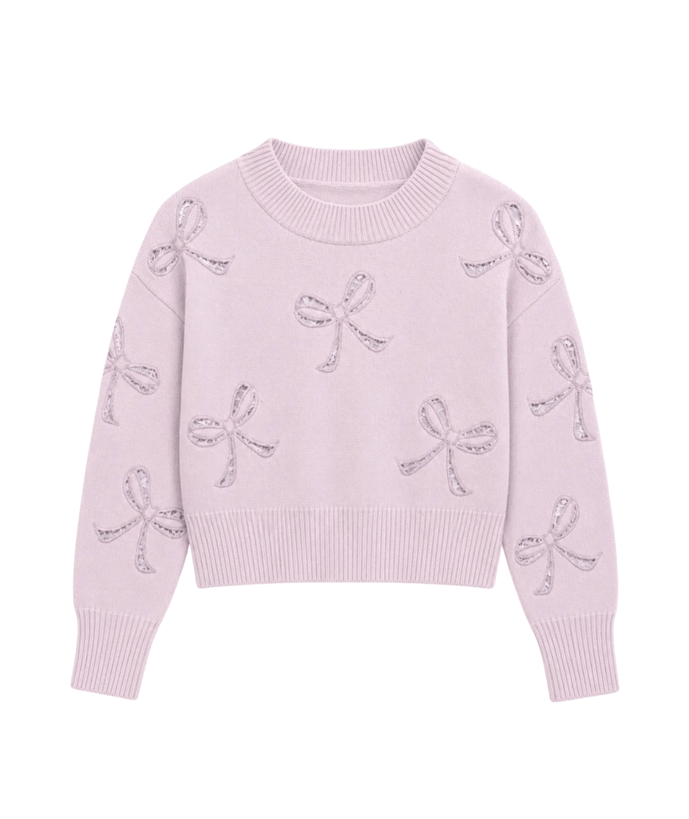 KatieJ NYC Tween Erin Lace Bow Appliqué Sweater in Baby Pink - CAKEWISH