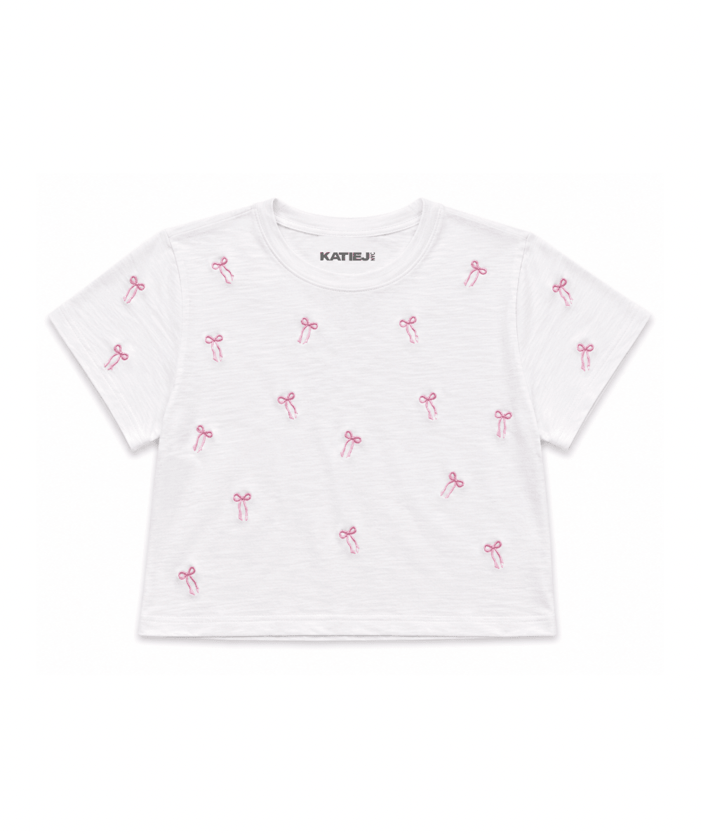Tween Fearless Embroidered Pink Bow Tee - CAKEWISH