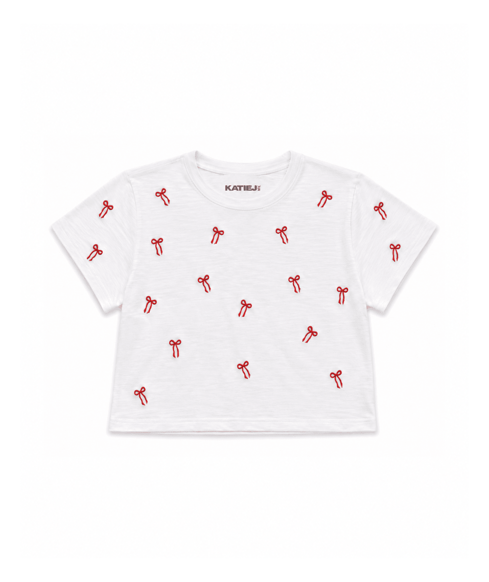 KatieJ NYC Tween Fearless Tee in White/Red, a white tee with red embroidered bows - CAKEWISH.