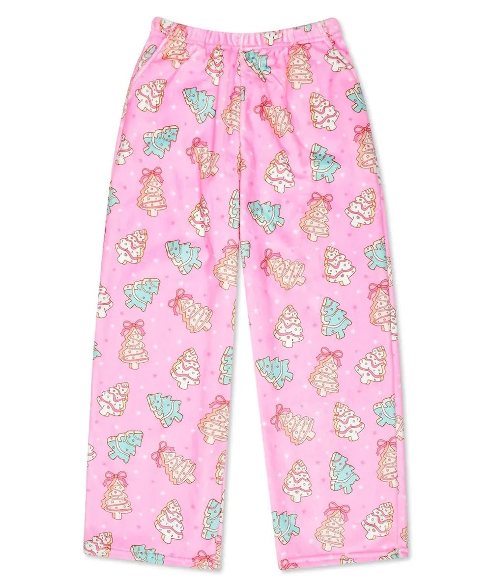 Tween Festive Fuzzy Pants in Holiday Cakes print by Iscream with a relaxed, cozy lounge fit - CAKEWISH.