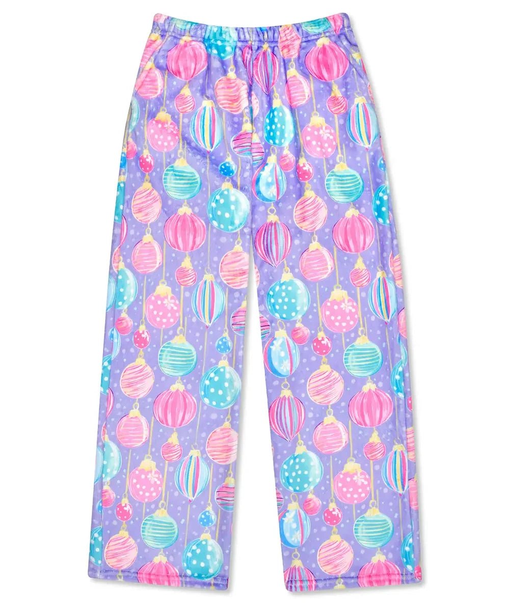 Tween Festive Fuzzy Pants in Dazzling Ornaments print by Iscream, ultra-soft plush pajama pants - CAKEWISH.