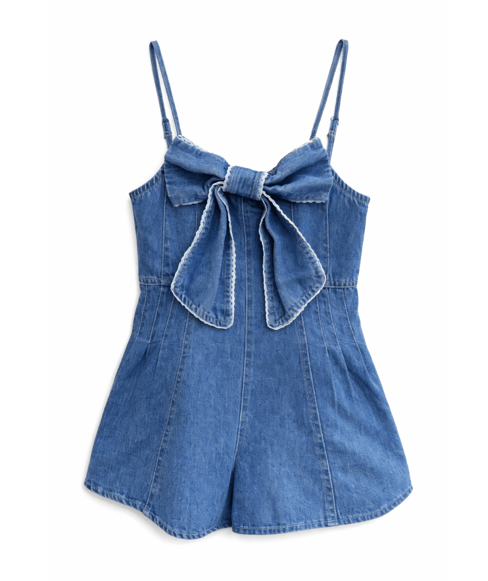 Tween Front Bow Scallop Denim Romper - CAKEWISH