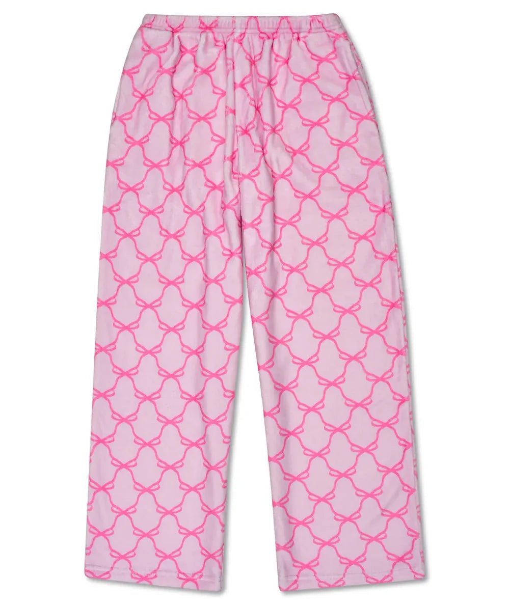 Sweet Trellis Bow pink plush pajama pants with a bow trellis print for tweens, by Iscream - CAKEWISH