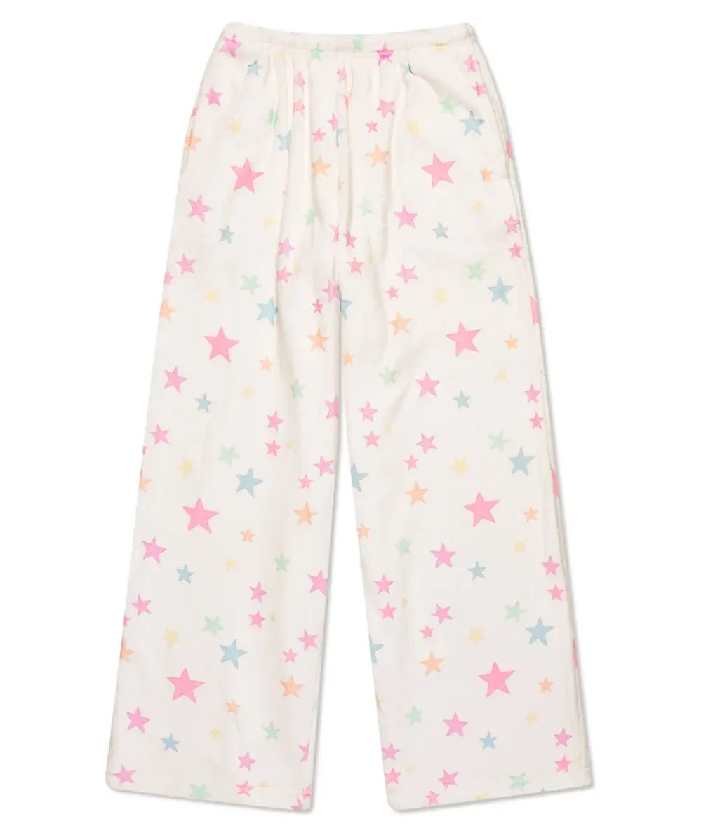 Stardust plush pajama pants with a pastel star print for tweens, by Iscream - CAKEWISH