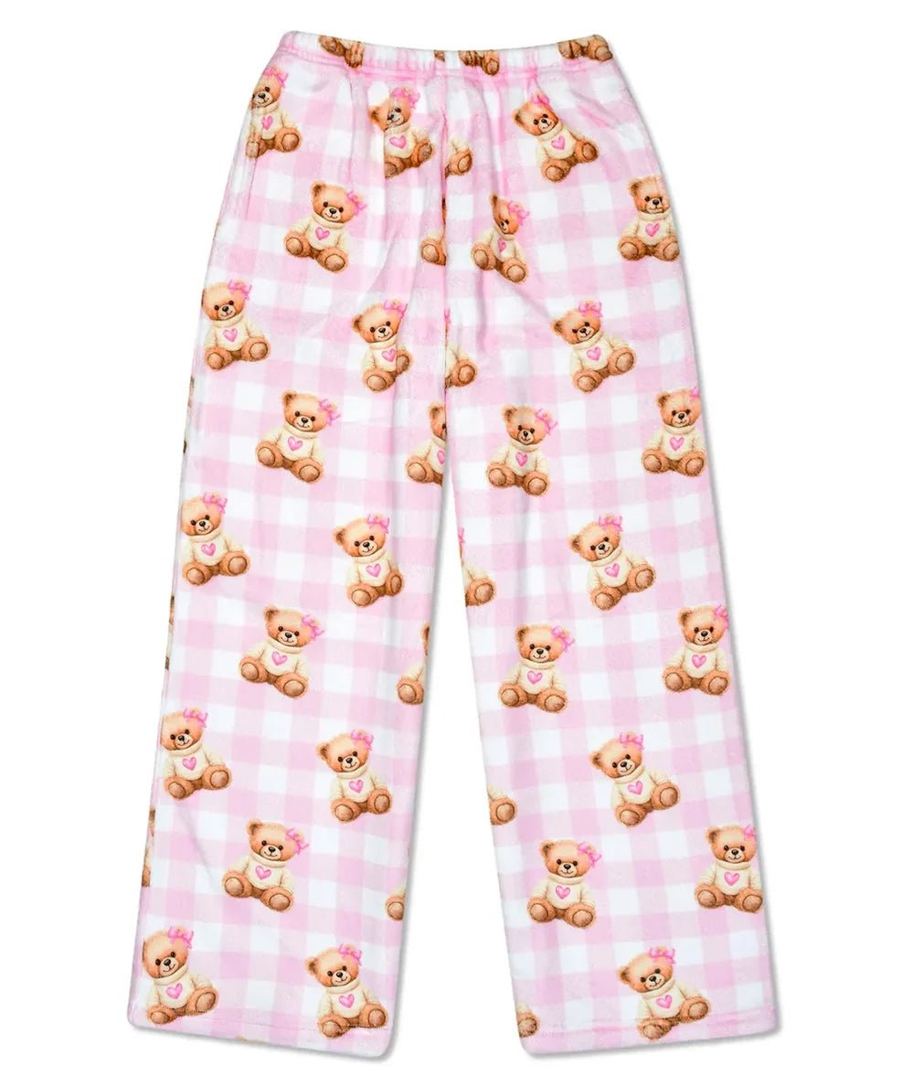 Beary Coquette plush pajama pants with pink gingham and teddy bear print for tweens, by Iscream - CAKEWISH