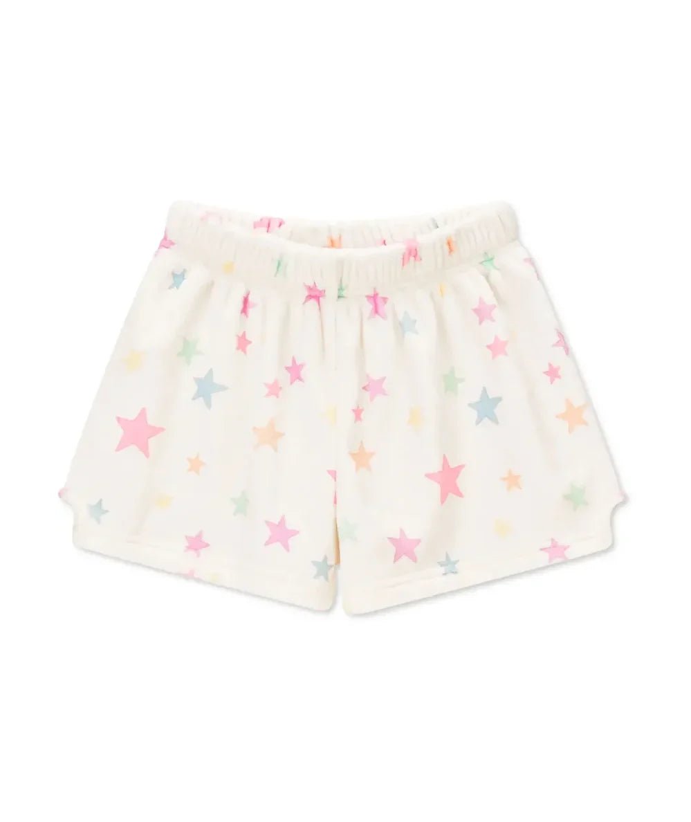 Stardust plush pajama shorts with a pastel star print and back pocket for tweens, by Iscream - CAKEWISH