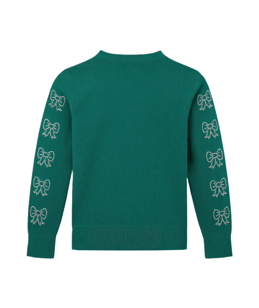 Back view of the green crystal bow sweater with bows on the sleeves by Lola and the Boys - CAKEWISH.