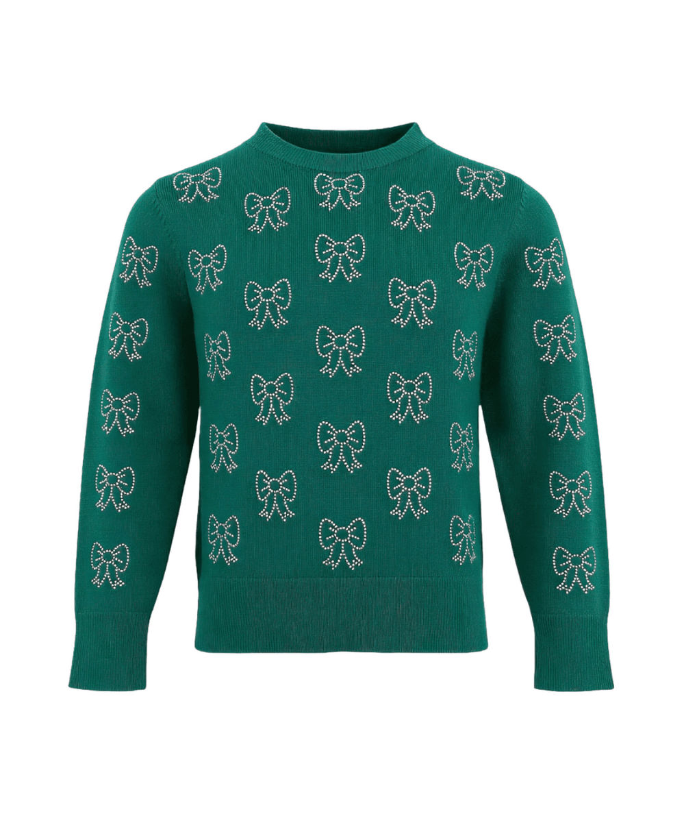 Lola + The Boys Tween Green Crystal Bow Sweater with allover crystal bows, front view - CAKEWISH