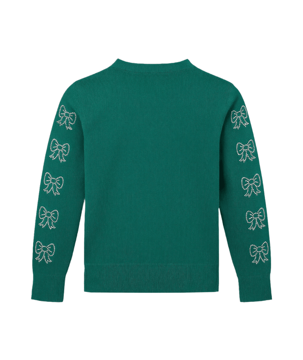 Back view of the Lola + The Boys Tween Green Crystal Bow Sweater - CAKEWISH