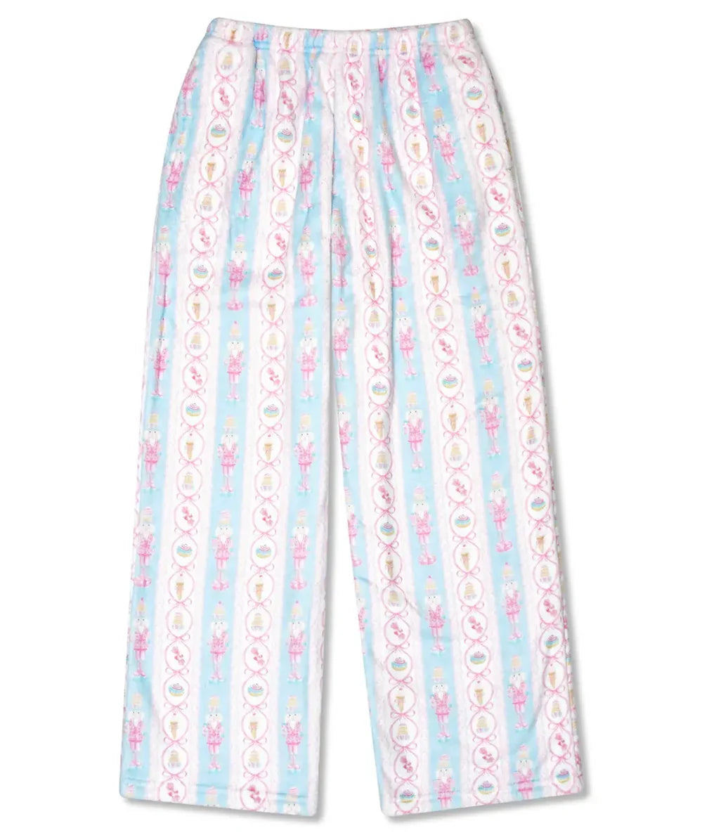 Sweet Nutcrackers holiday plush pajama pants in blue and pink nutcracker stripes for tweens by Iscream - CAKEWISH