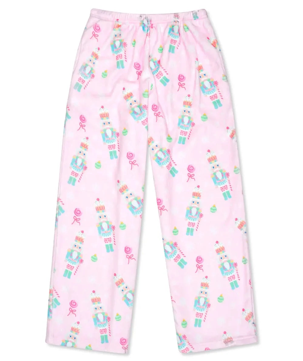 Nutcracker Treat pink plush pajama pants with nutcracker print for girls by Iscream - CAKEWISH