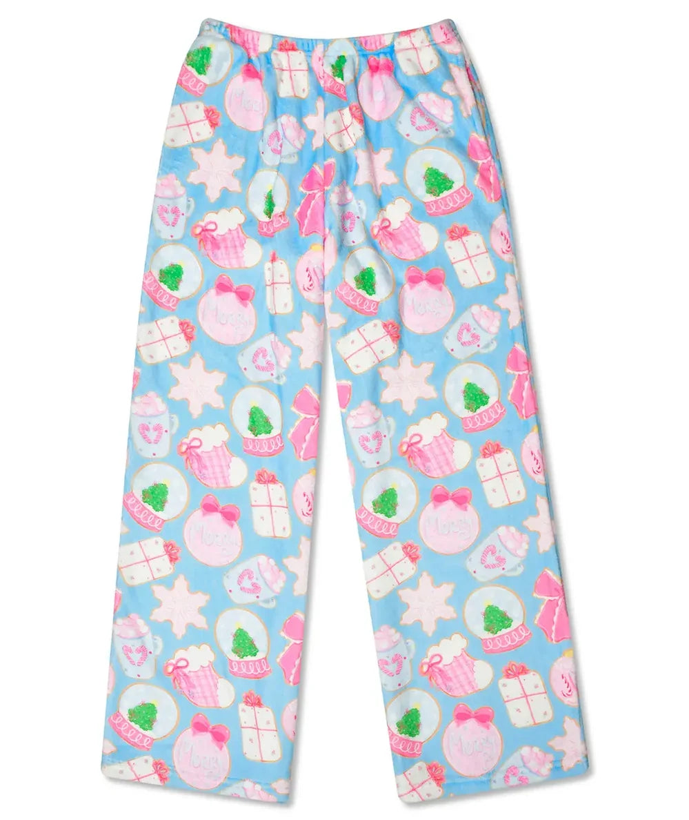 Snow Globe Surprise light blue plush pajama pants with snow globe and gift print by Iscream - CAKEWISH