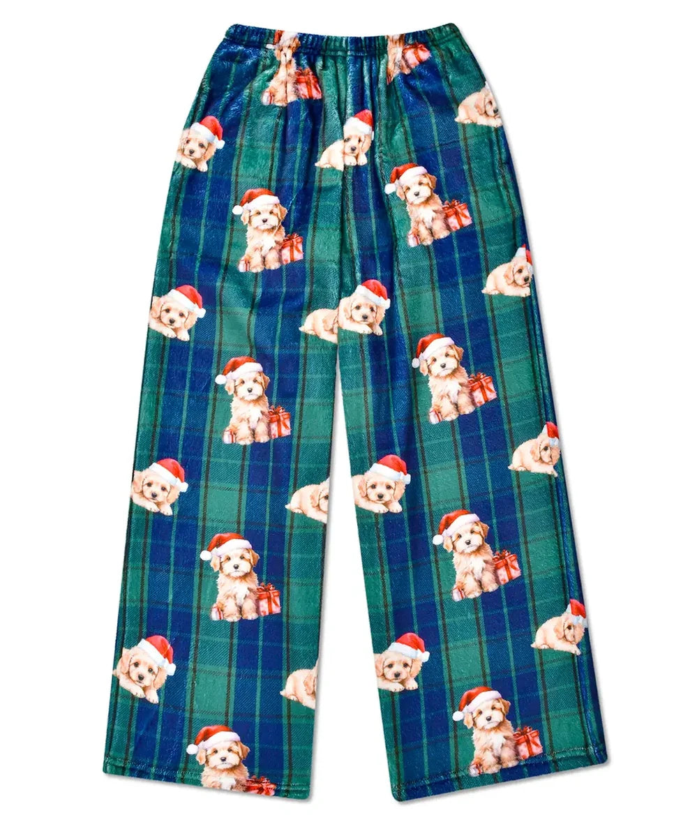 Santa Doodle green plaid plush pajama pants with puppies in Santa hats by Iscream - CAKEWISH