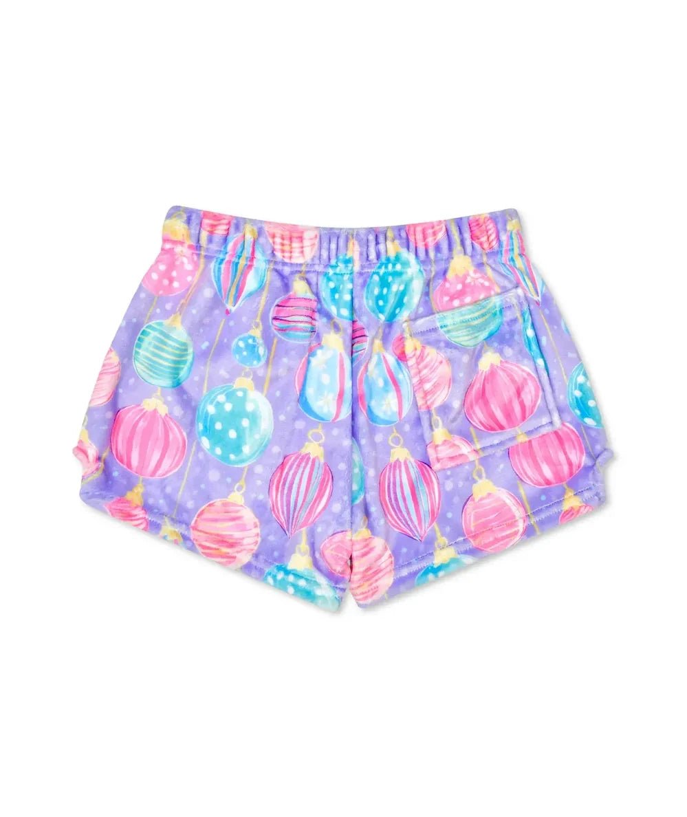 Back view of the Iscream Tween Holiday Fuzzy Shorts in Dazzling Ornaments - CAKEWISH