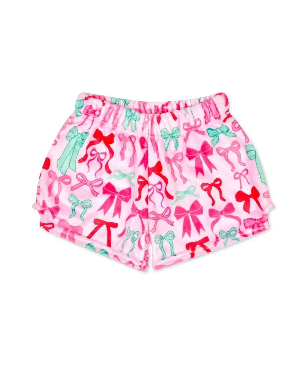 Iscream Tween Holiday Fuzzy Shorts in Merry Bows print, front view - CAKEWISH