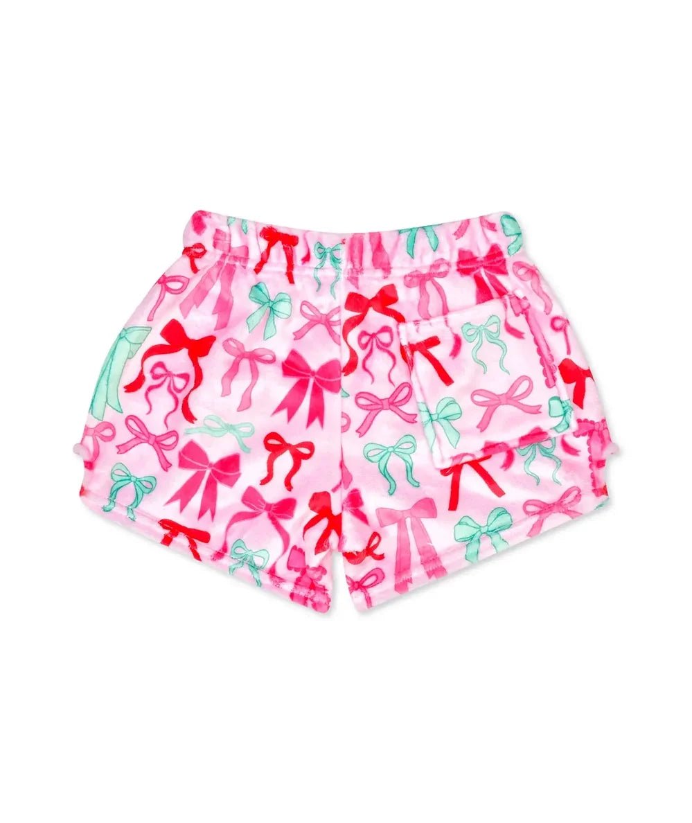 Back view of the Iscream Tween Holiday Fuzzy Shorts in Merry Bows - CAKEWISH