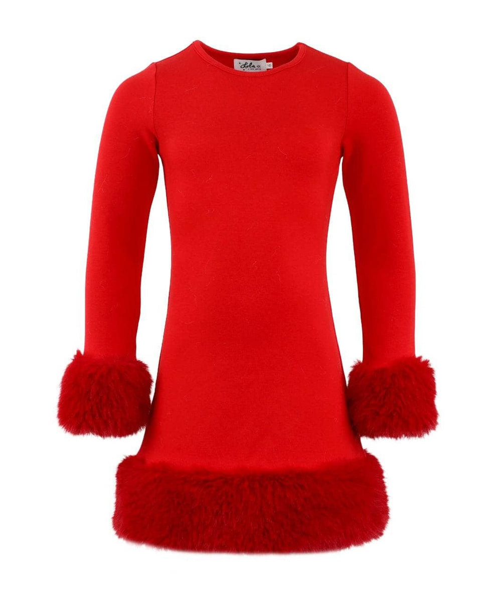 Front view of the red long-sleeve Tween Holly Dress with plush faux fur trim at the cuffs and hem by Lola + The Boys - CAKEWISH.