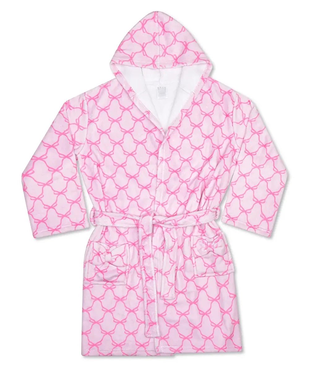 Sweet Trellis Bow pink hooded plush robe with bow trellis print, pockets and tie belt for tweens, by Iscream - CAKEWISH