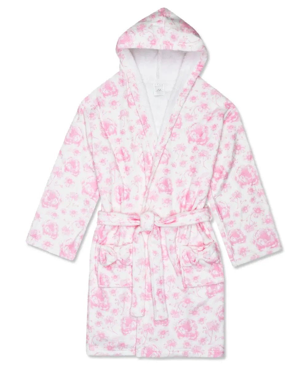 Pretty Pink Toile hooded plush robe in a pink toile print with pockets and tie belt for tweens, by Iscream - CAKEWISH