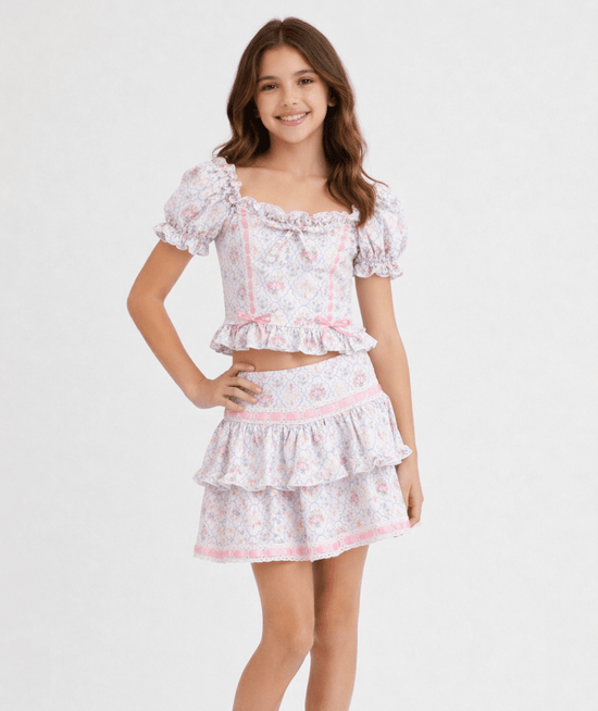 KatieJ NYC Tween Julie Skirt Floral Tiered Ruffle Mini Skirt Pink